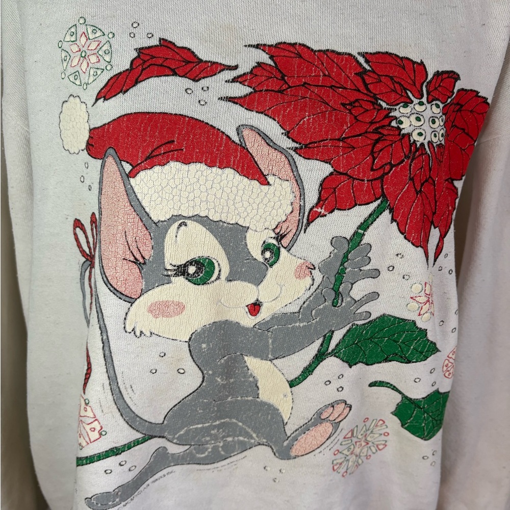 Vintage 80’s Santa Christmas Mouse White Large Sweatshirt Flawed